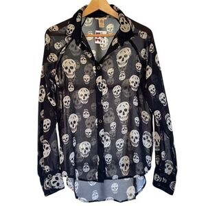 NWT Marisol Skull Sheer Button Down Top Blouse‎ Quirky Grunge Halloween - Med